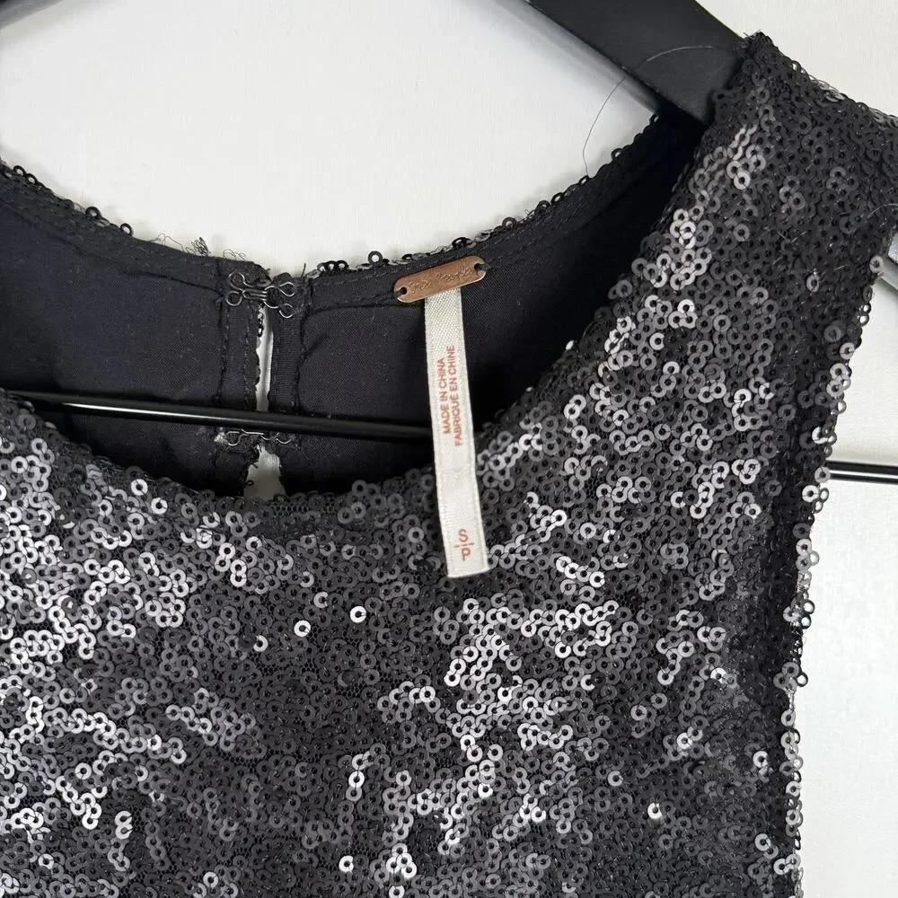 Free People Sequined Mini Dress Cocktail Party Black Mini High Neck - S